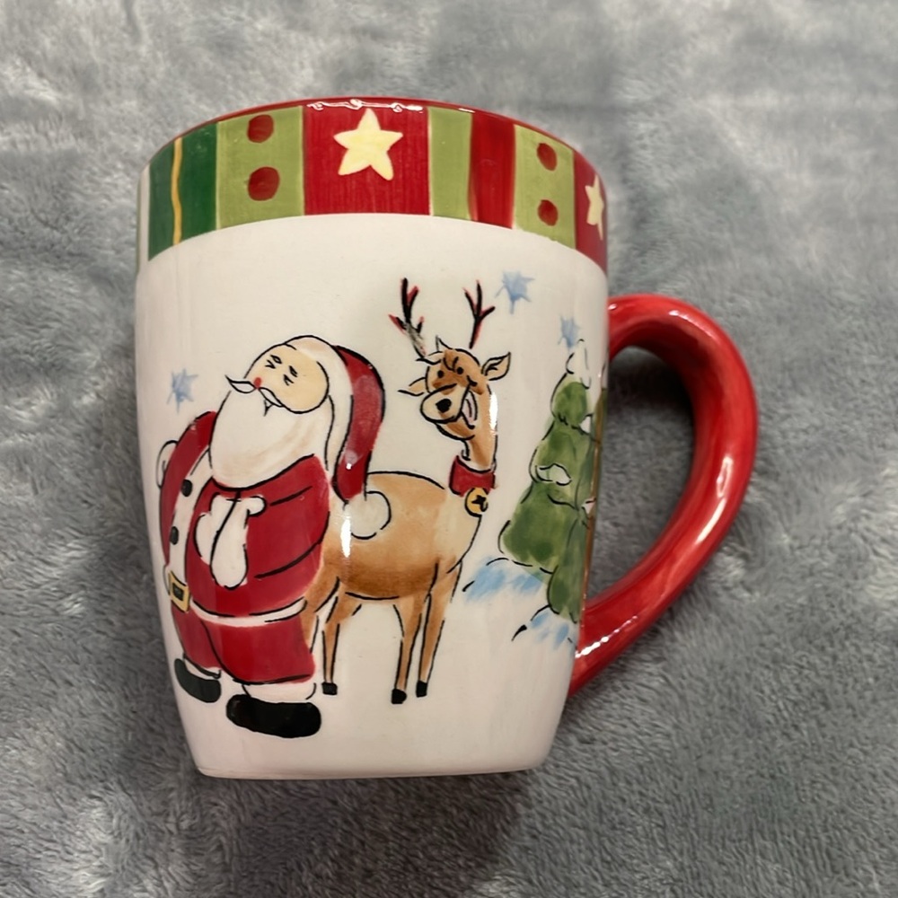 Holiday hand painted Christmas tree cocoa  coffee mug Santa reindeer snowman